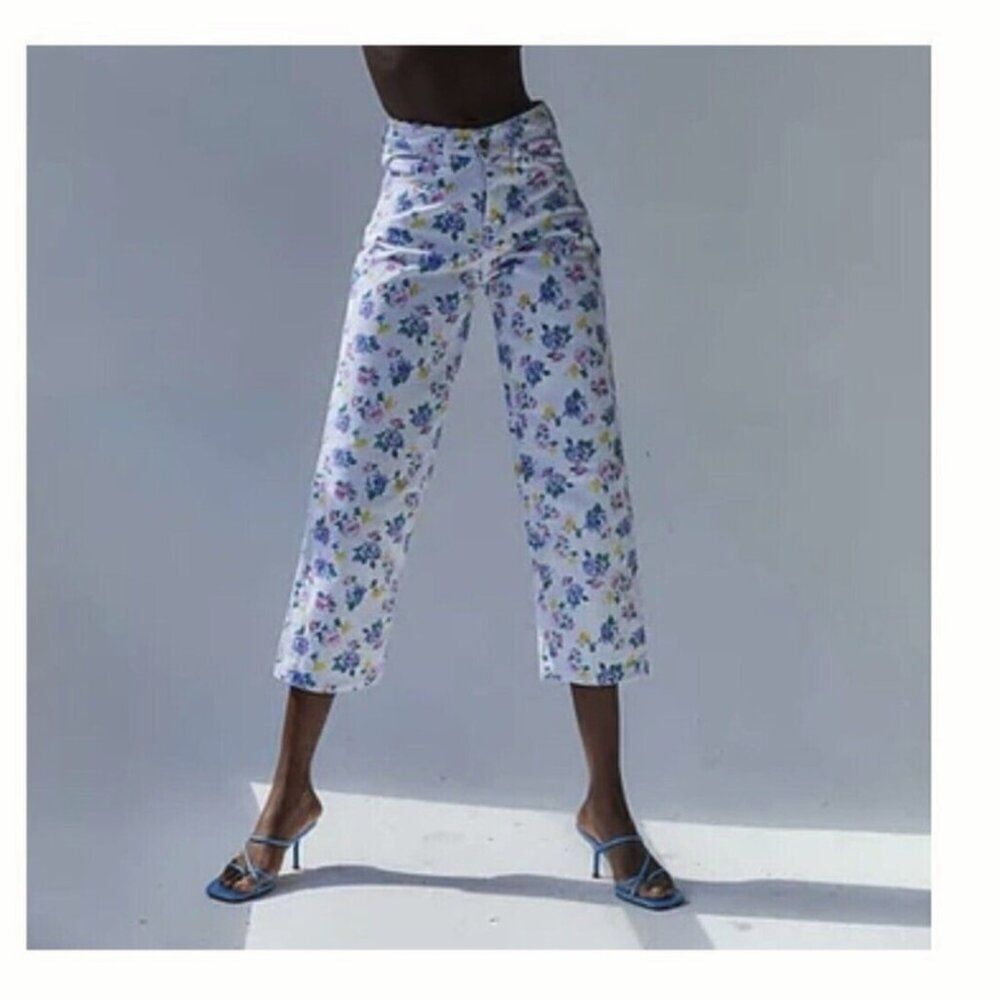 Tach Clothing Kiki Floral Denim Pants Jeans Wide Leg Cropped White Size S